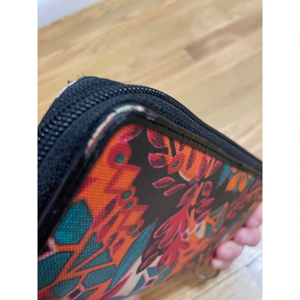 Fossil Floral Wallet Clutch Coated Canvas Orange Pink Teal‎ Black Zip Around